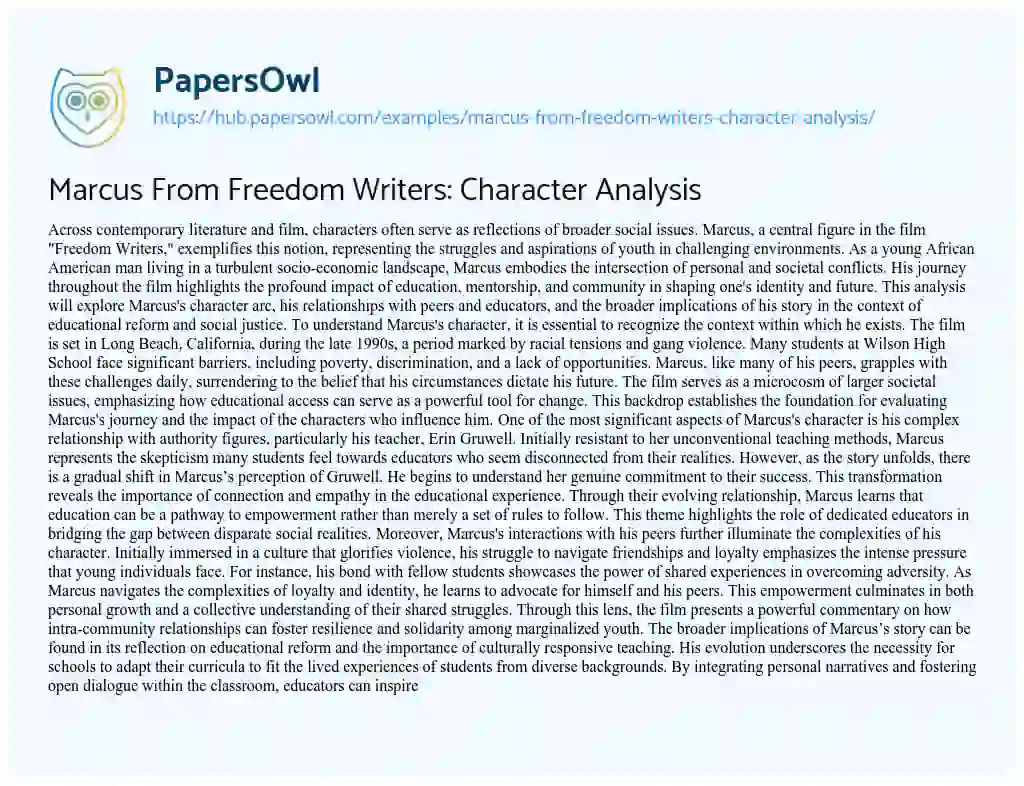 Essay on Marcus From Freedom Writers: Character Analysis