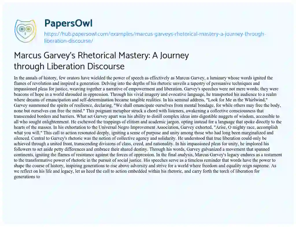 Essay on Marcus Garvey’s Rhetorical Mastery: A Journey through Liberation Discourse