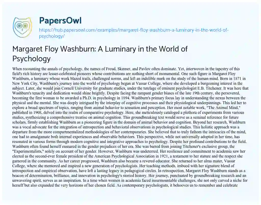 Essay on Margaret Floy Washburn: A Luminary in the World of Psychology