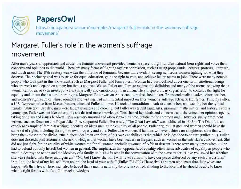 Essay on Margaret Fuller’s role in the women’s suffrage movement
