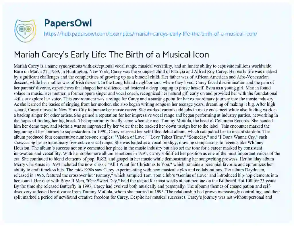 Essay on Mariah Carey’s Early Life: The Birth of a Musical Icon