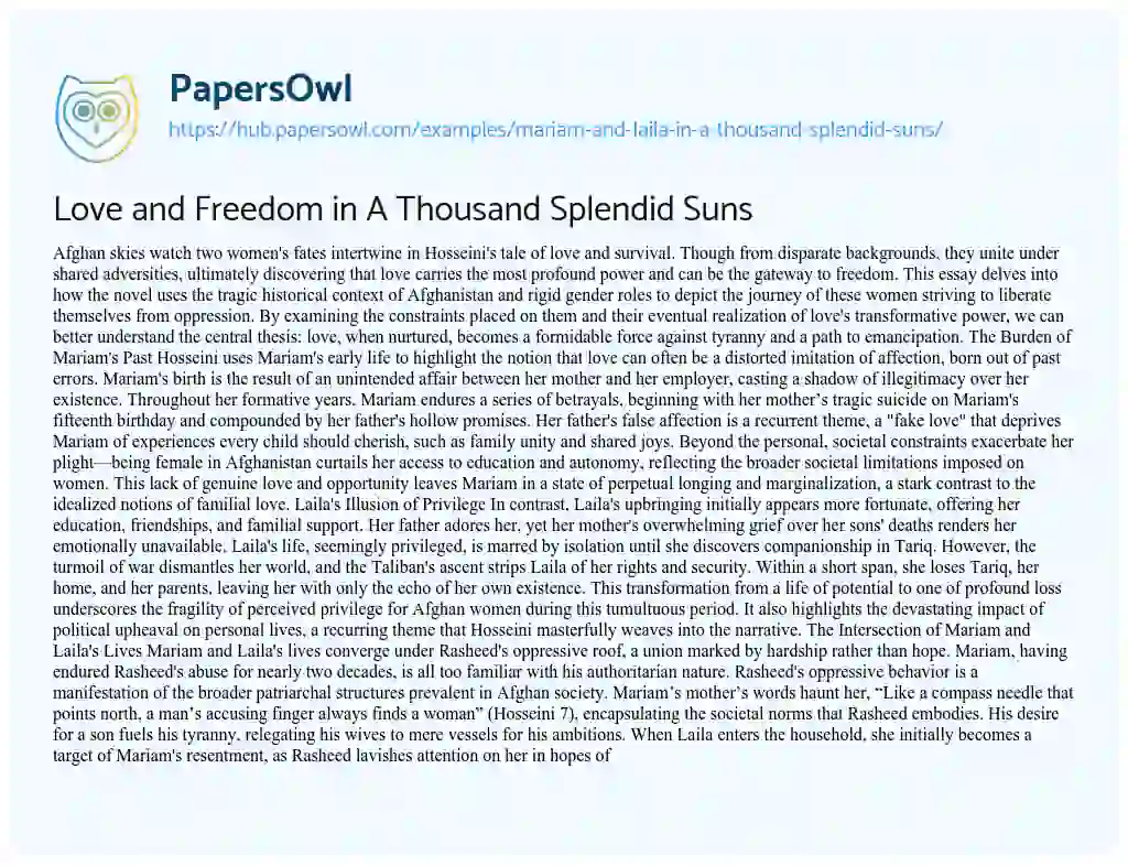 Essay on Love and Freedom in A Thousand Splendid Suns