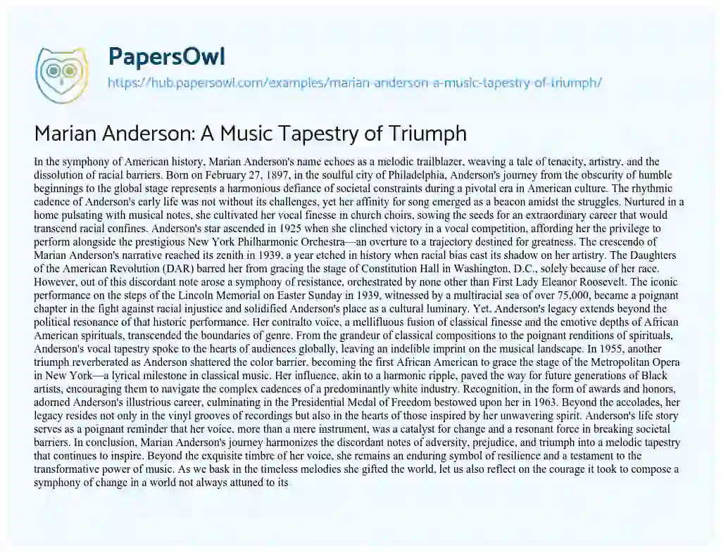 Essay on Marian Anderson: A Music Tapestry of Triumph