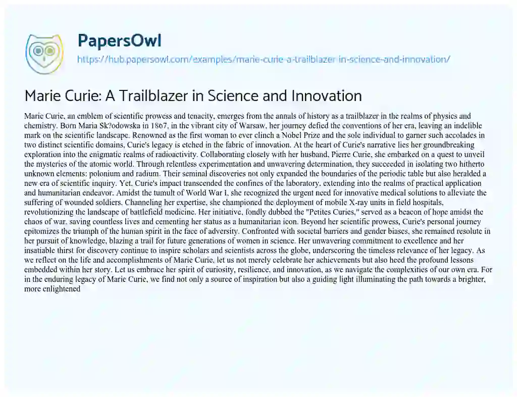 Essay on Marie Curie: A Trailblazer in Science and Innovation