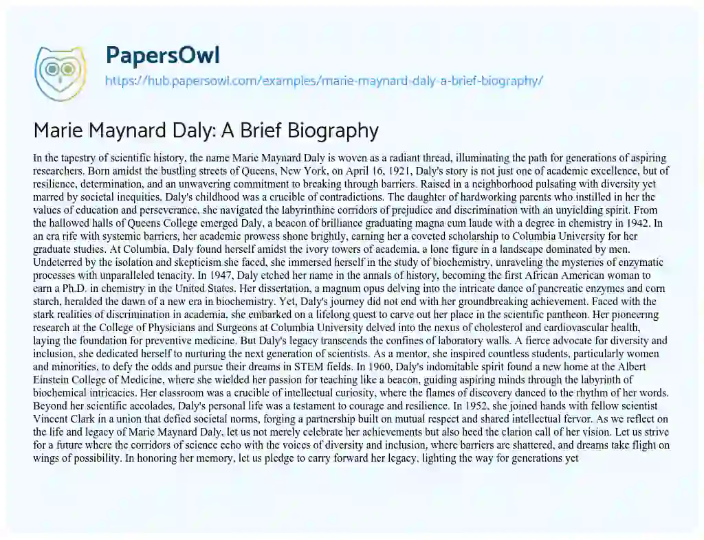 Essay on Marie Maynard Daly: A Brief Biography