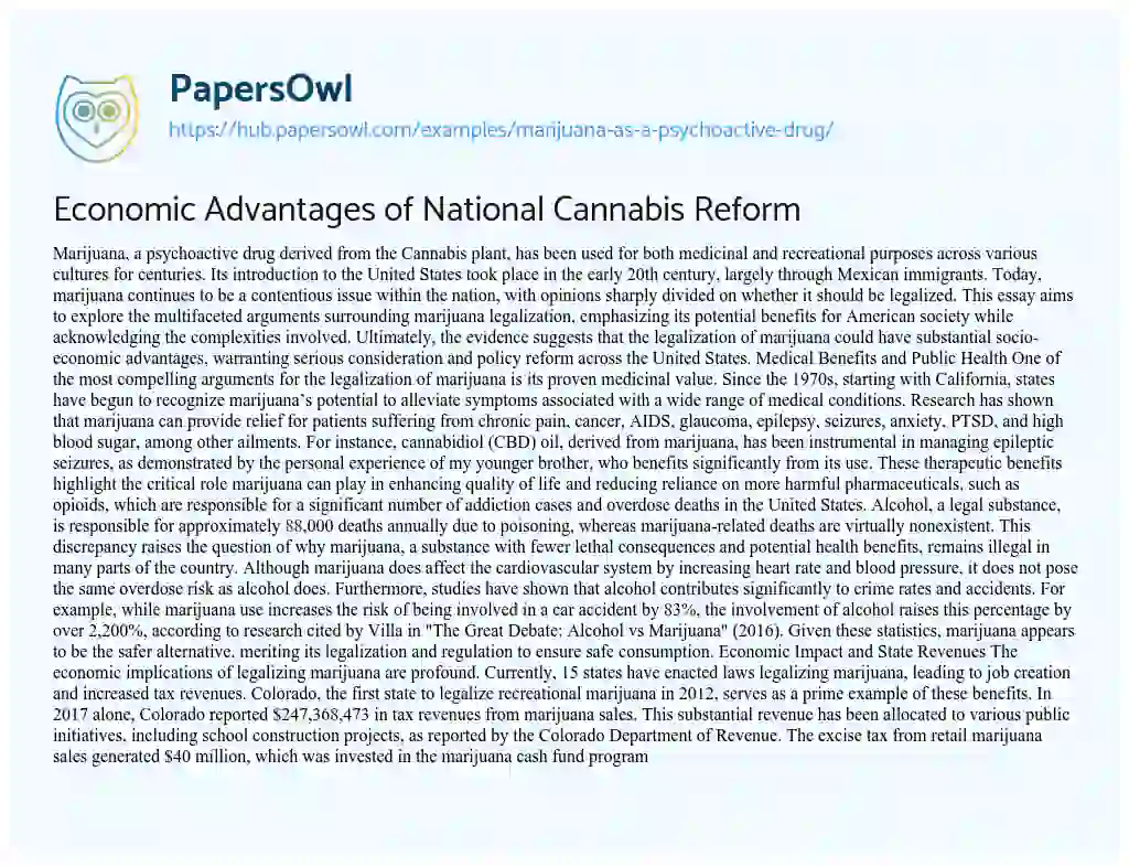 Essay on Economic Advantages of National Cannabis Reform