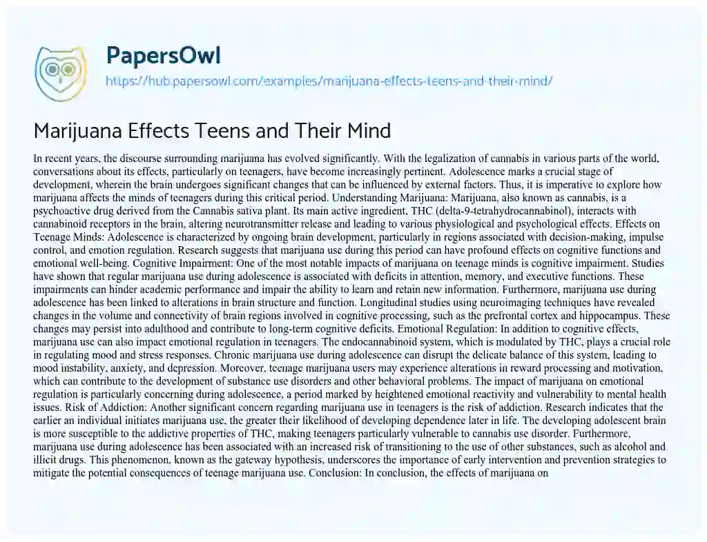 Essay on Marijuana Effects Teens and Their Mind