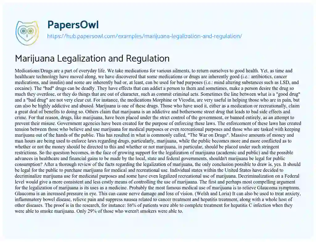 Essay on Marijuana Legalization and Regulation