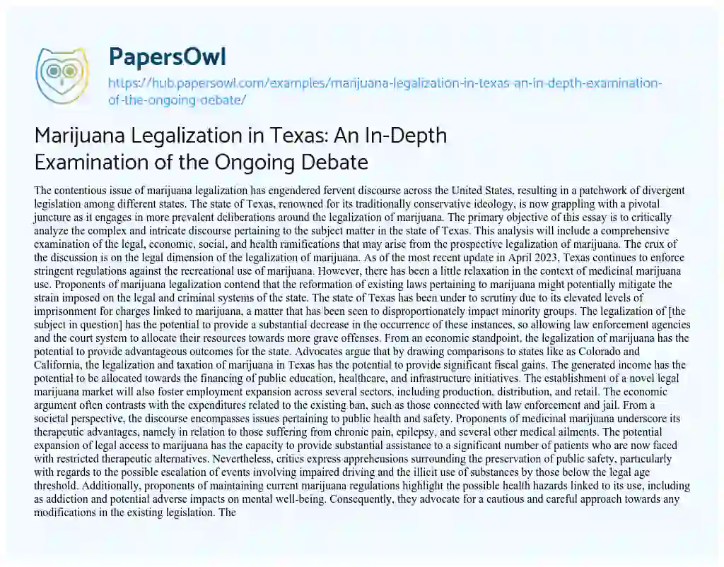 Essay on Marijuana Legalization in Texas: An In-Depth Examination of the Ongoing Debate