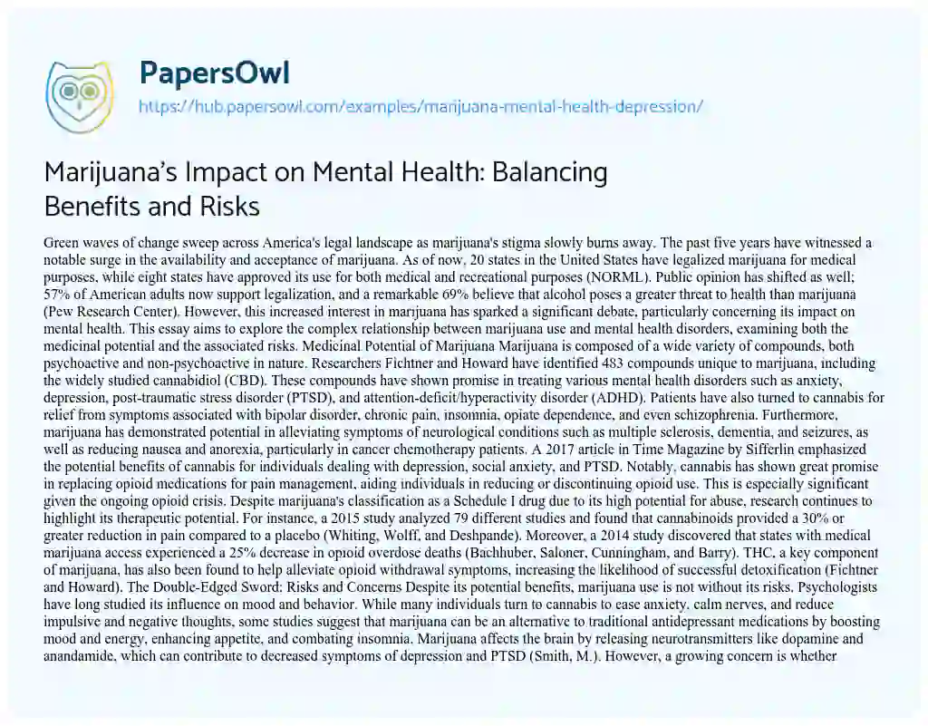 Essay on Marijuana’s Impact on Mental Health: Balancing Benefits and Risks