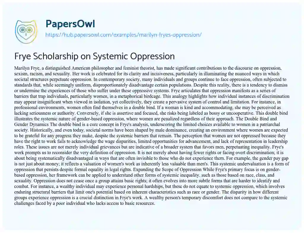 Essay on Frye Scholarship on Systemic Oppression