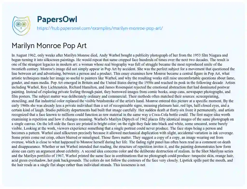 Essay on Marilyn Monroe Pop Art