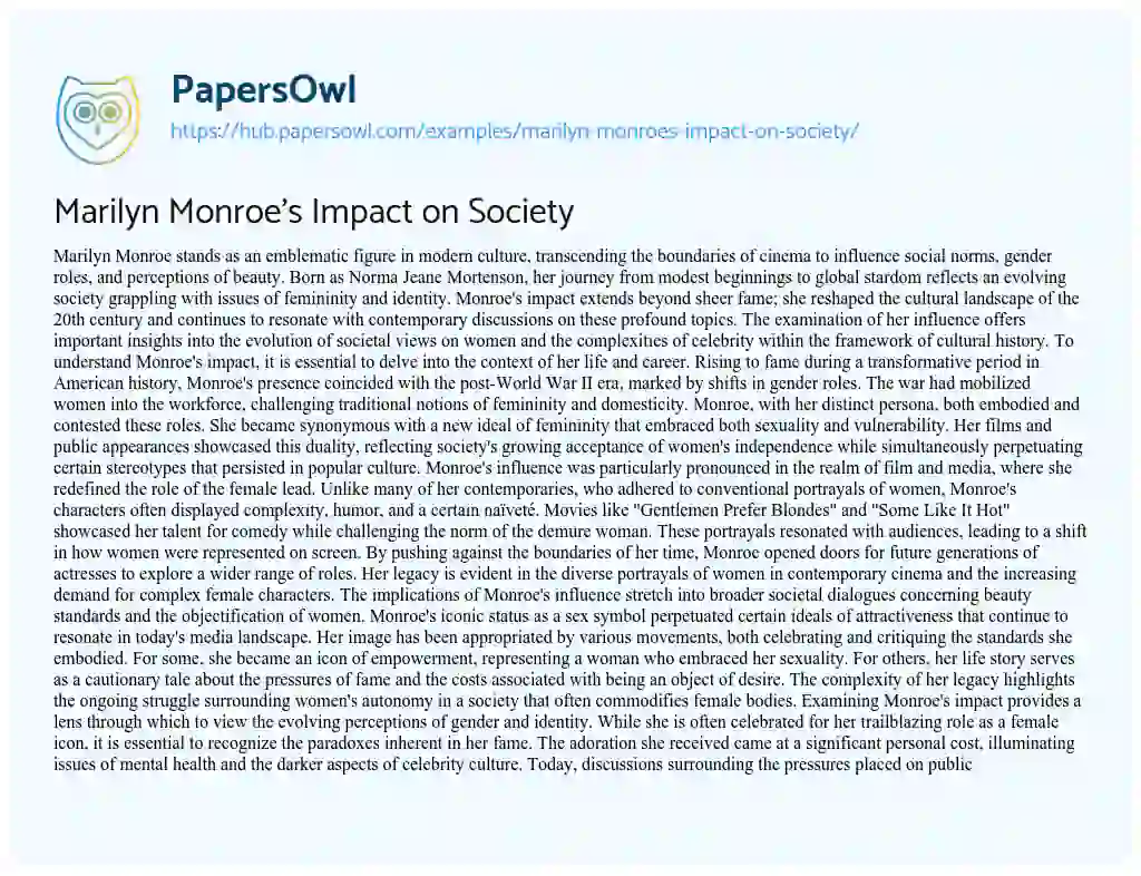 Essay on Marilyn Monroe’s Impact on Society