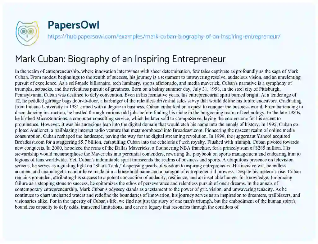 Essay on Mark Cuban: Biography of an Inspiring Entrepreneur