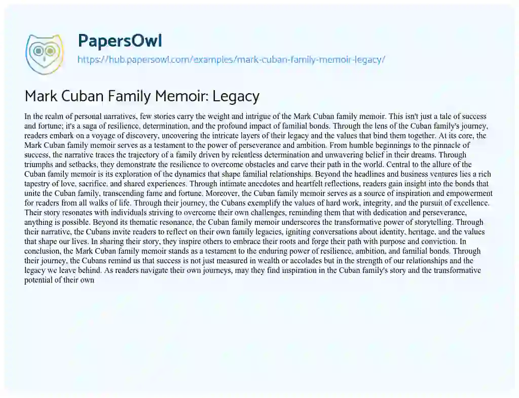Essay on Mark Cuban Family Memoir: Legacy