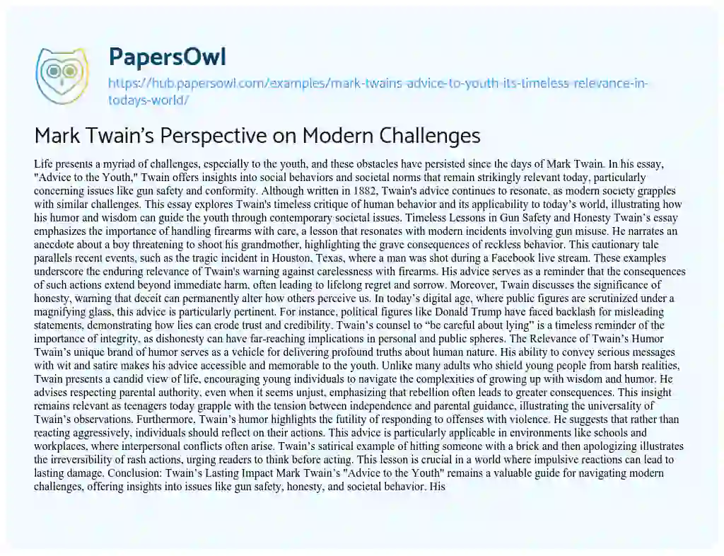 Essay on Mark Twain’s Perspective on Modern Challenges