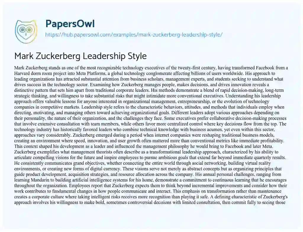 Essay on Mark Zuckerberg Leadership Style