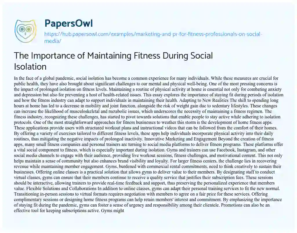 Essay on The Importance of Maintaining Fitness During Social Isolation