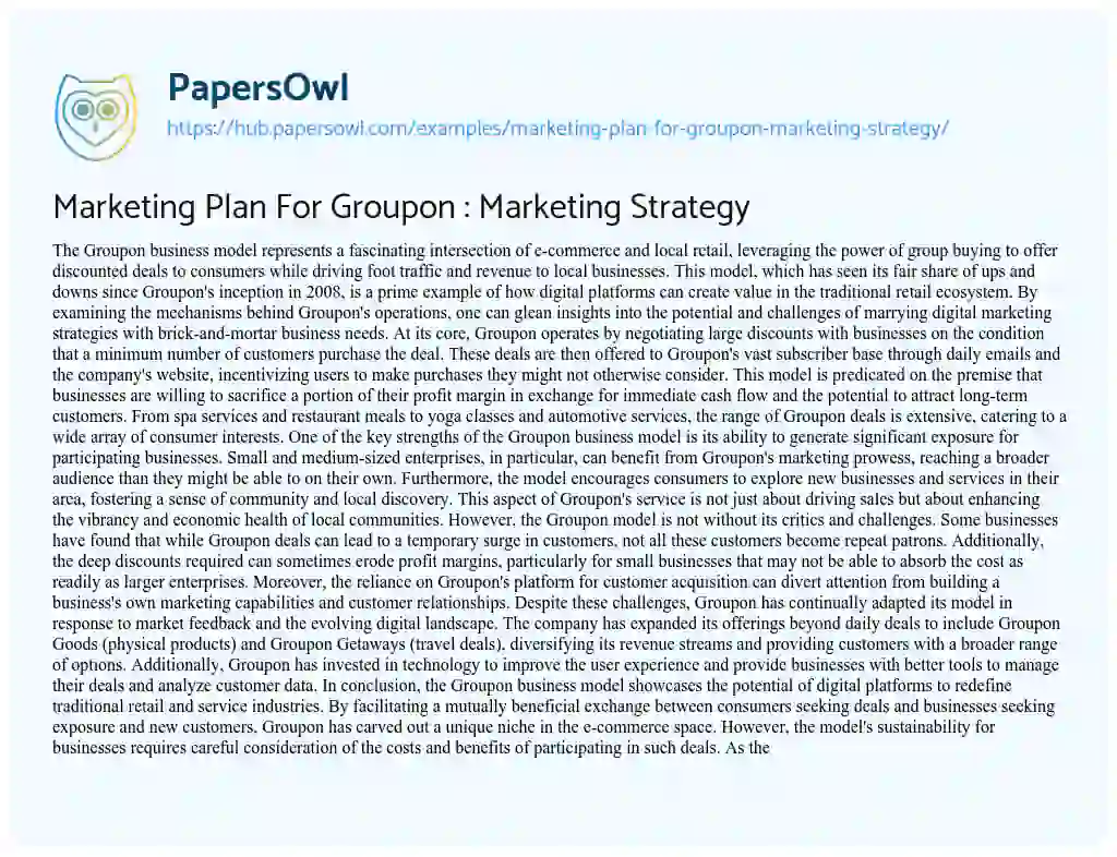 Essay on Marketing Plan For Groupon : Marketing Strategy