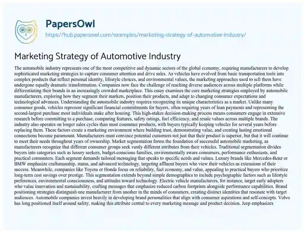 Essay on Marketing Strategy of Automotive Industry