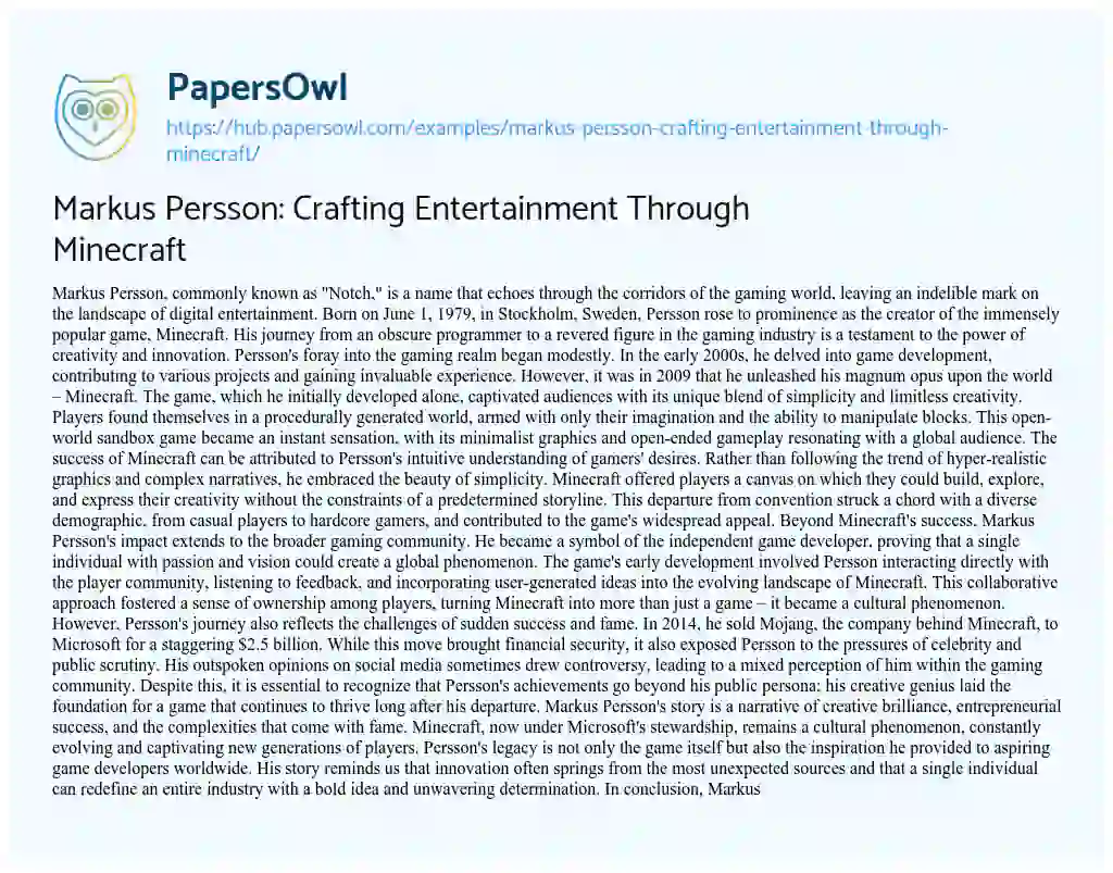 Essay on Markus Persson: Crafting Entertainment Through Minecraft