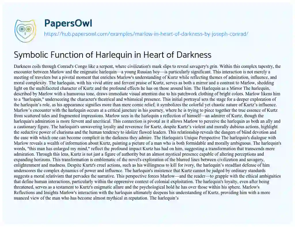 Essay on Symbolic Function of Harlequin in Heart of Darkness