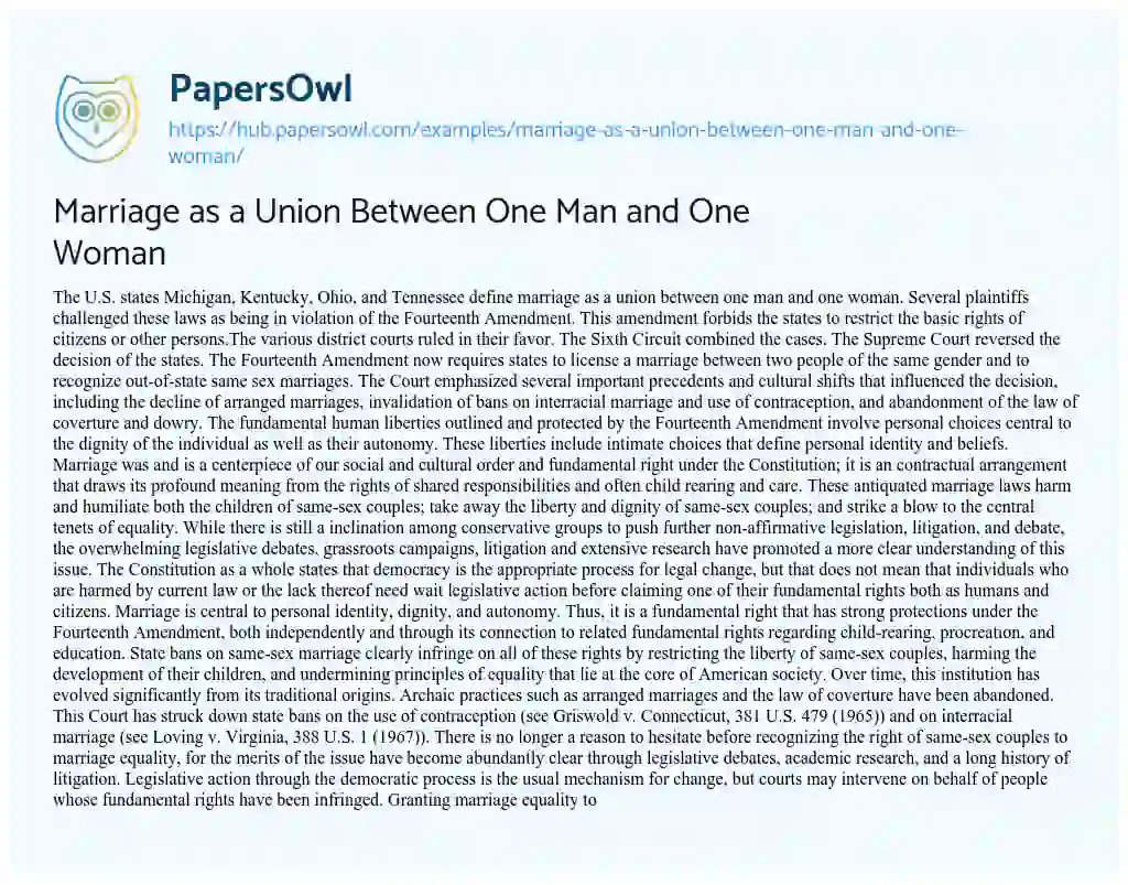 Essay on Marriage as a Union Between One Man and One Woman