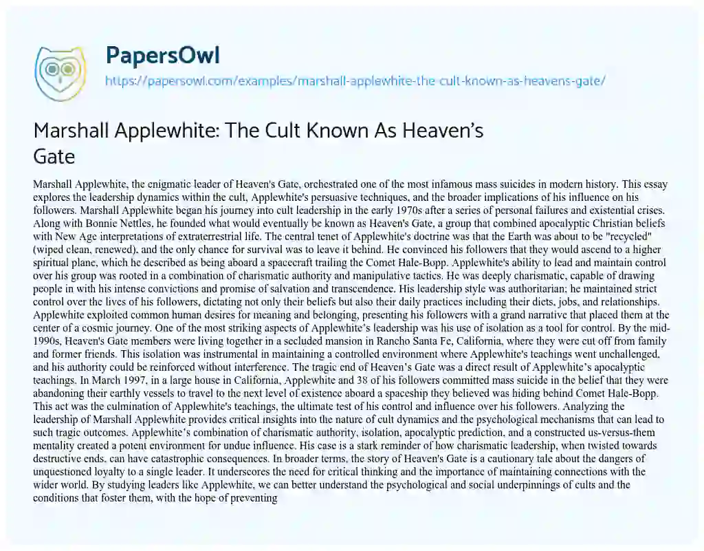 Essay on Marshall Applewhite: The Cult Known As Heaven’s Gate