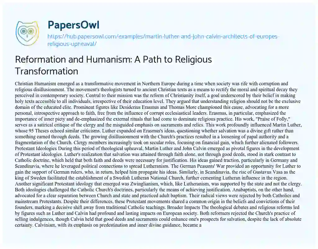 Essay on Reformation and Humanism: A Path to Religious Transformation