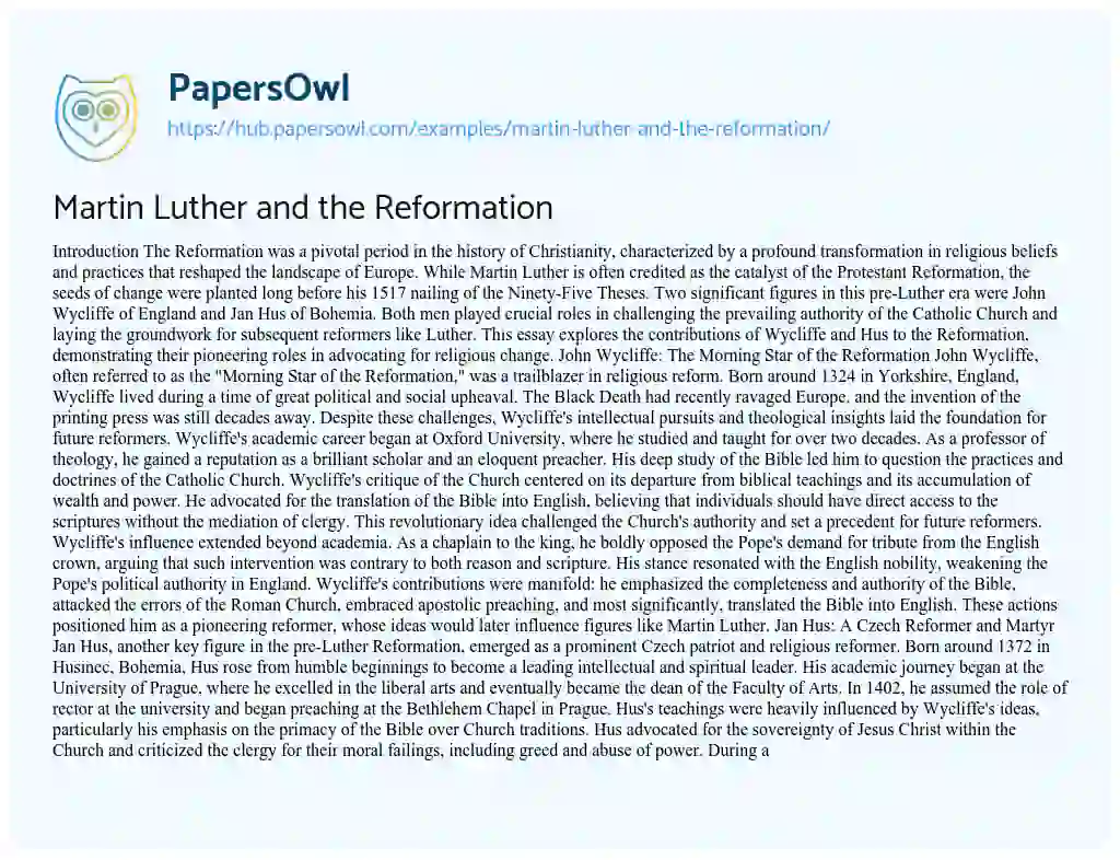 Essay on Martin Luther and the Reformation