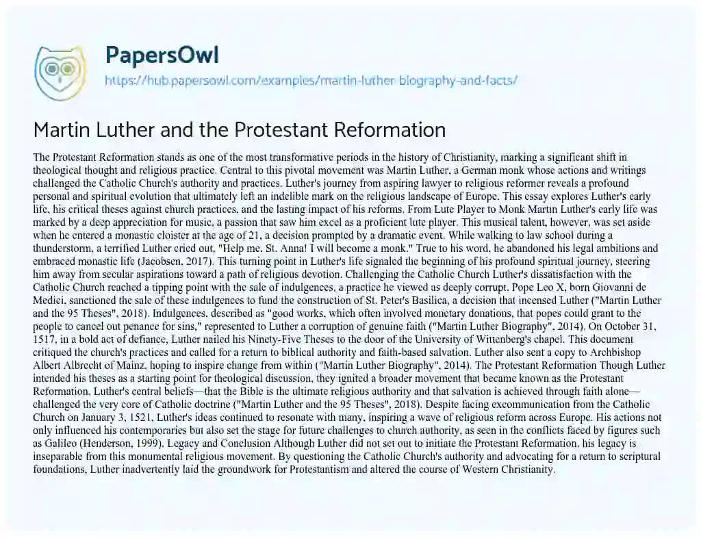 Essay on Martin Luther and the Protestant Reformation