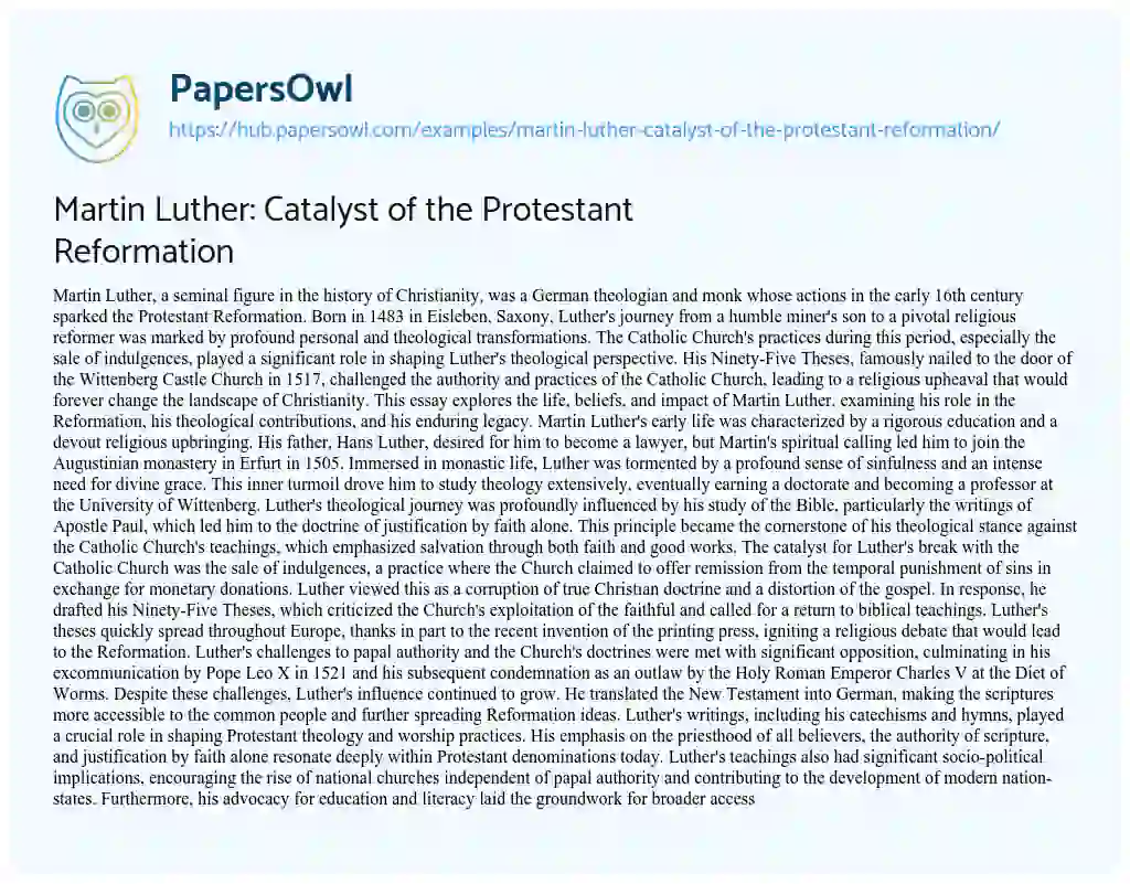 Essay on Martin Luther: Catalyst of the Protestant Reformation