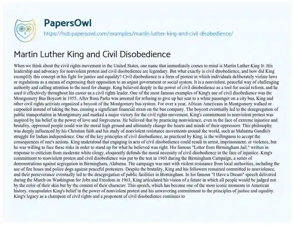 Essay on Martin Luther King and Civil Disobedience