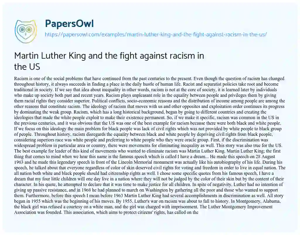 Essay on Martin Luther King and the fight against racism in the US