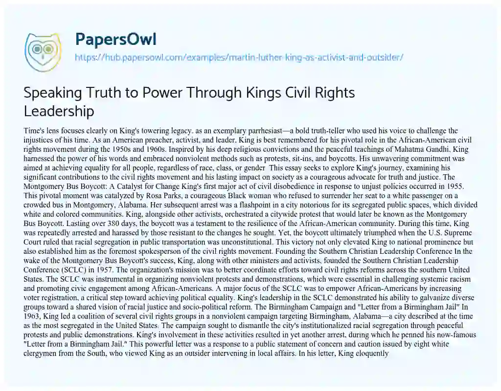 Essay on Speaking Truth to Power Through Kings Civil Rights Leadership