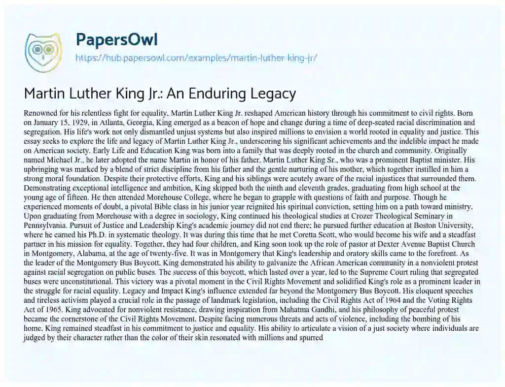 Essay on Martin Luther King Jr.: An Enduring Legacy