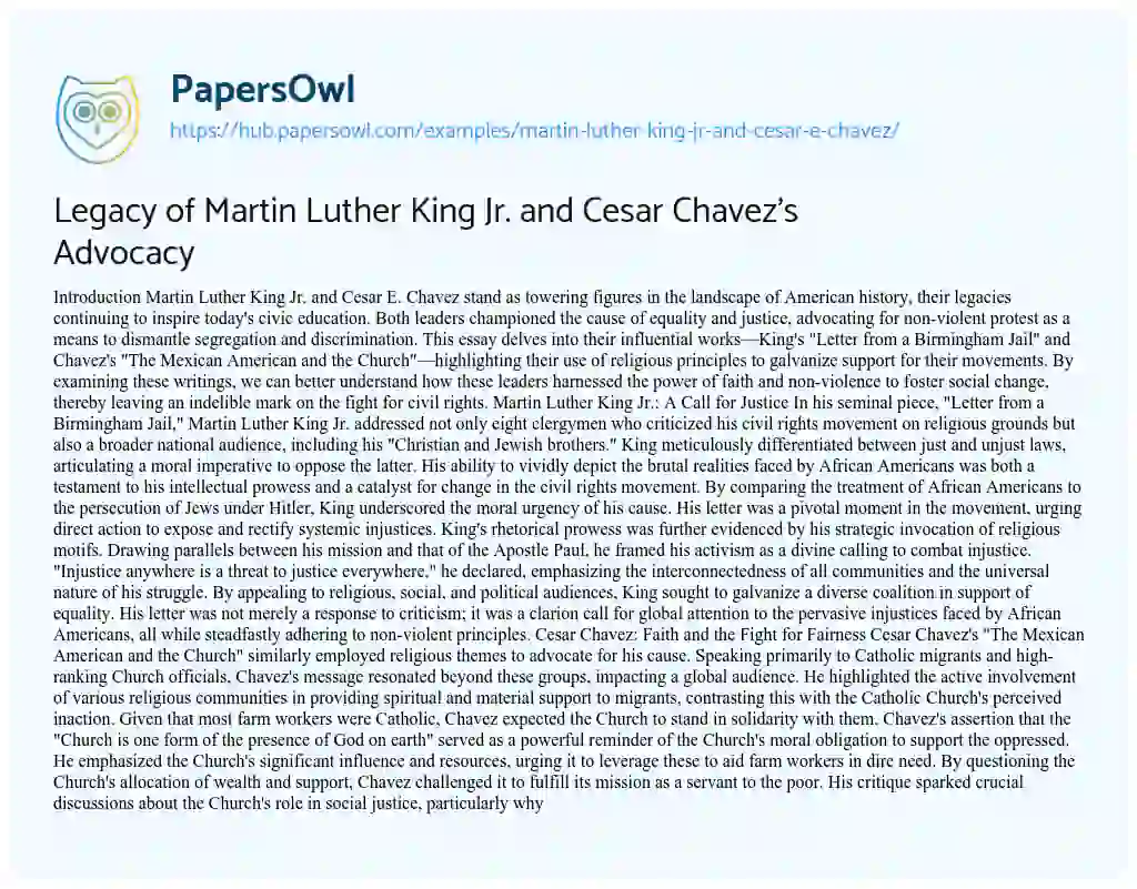 Essay on Legacy of Martin Luther King Jr. and Cesar Chavez’s Advocacy