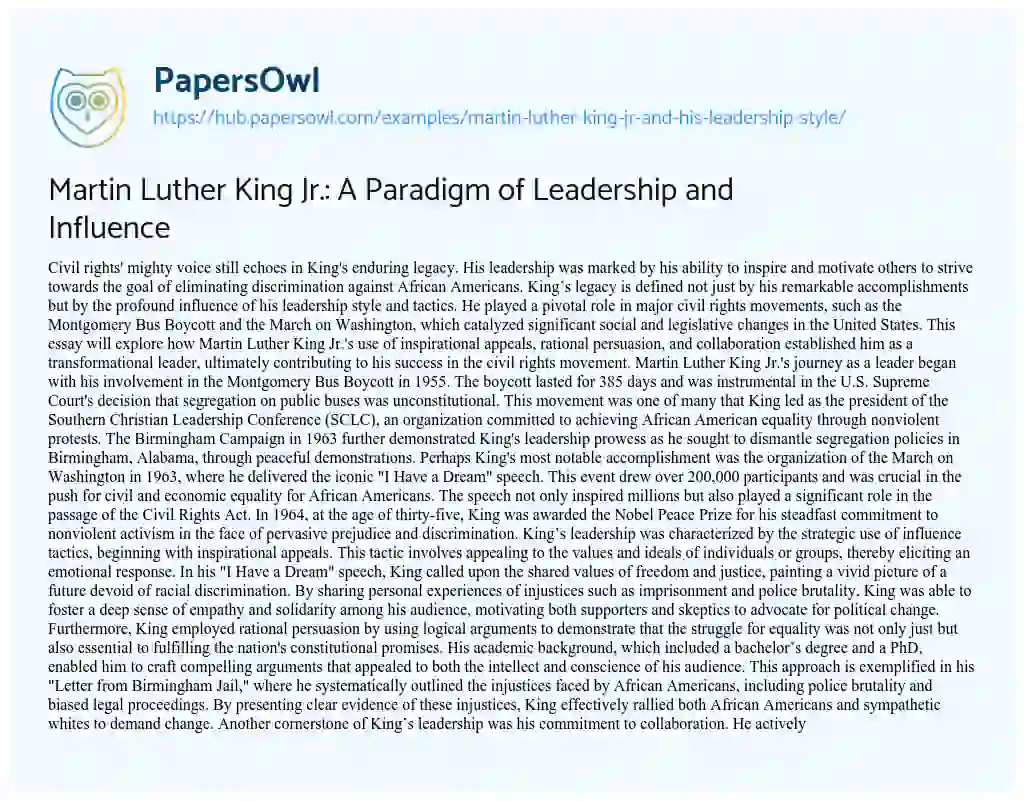 Essay on Martin Luther King Jr.: A Paradigm of Leadership and Influence