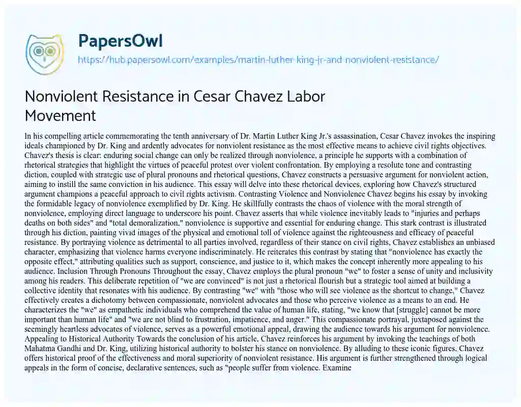 Essay on Nonviolent Resistance in Cesar Chavez Labor Movement
