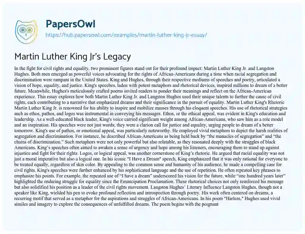 Essay on Martin Luther King Jr’s Legacy