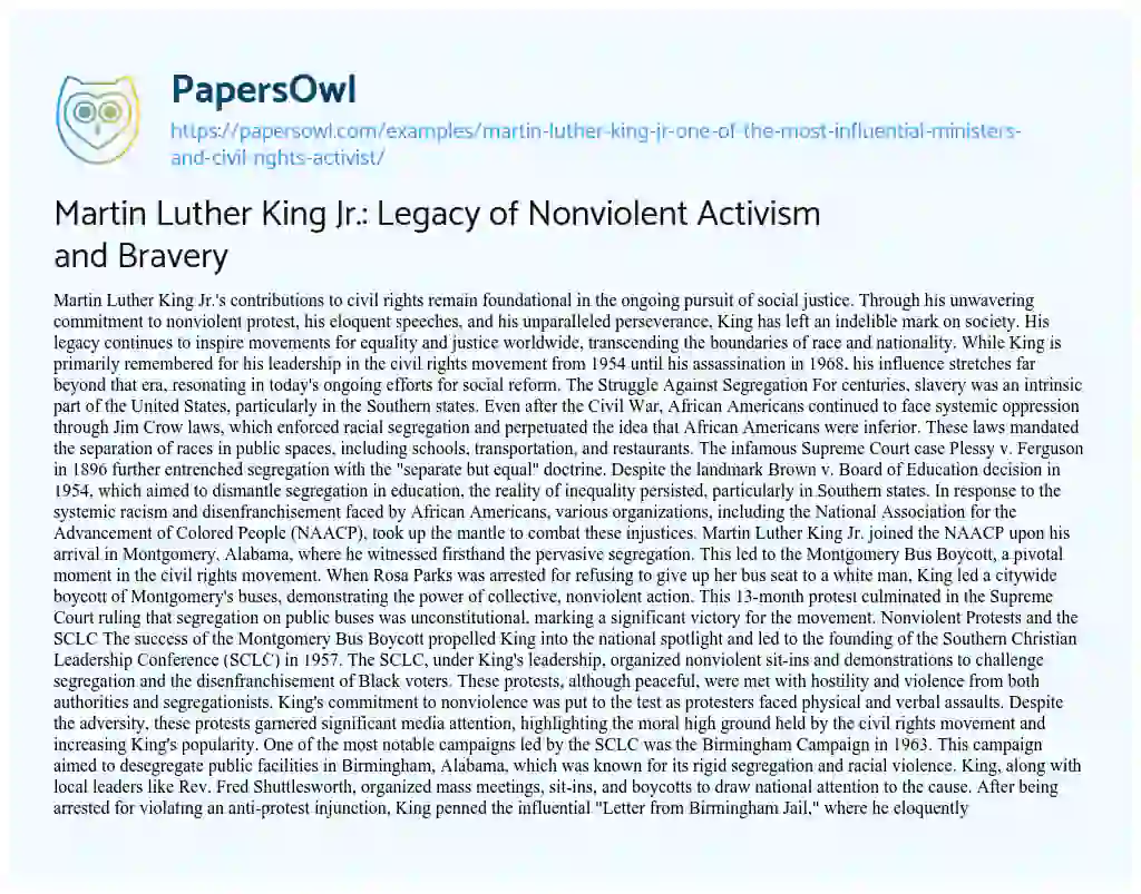 Essay on Martin Luther King Jr.: Legacy of Nonviolent Activism and Bravery