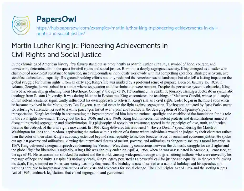 Essay on Martin Luther King Jr.: Pioneering Achievements in Civil Rights and Social Justice