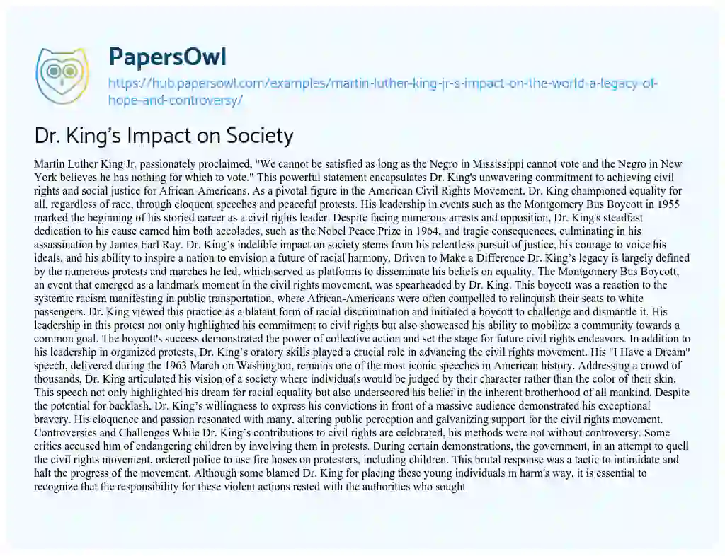 Essay on Dr. King’s Impact on Society