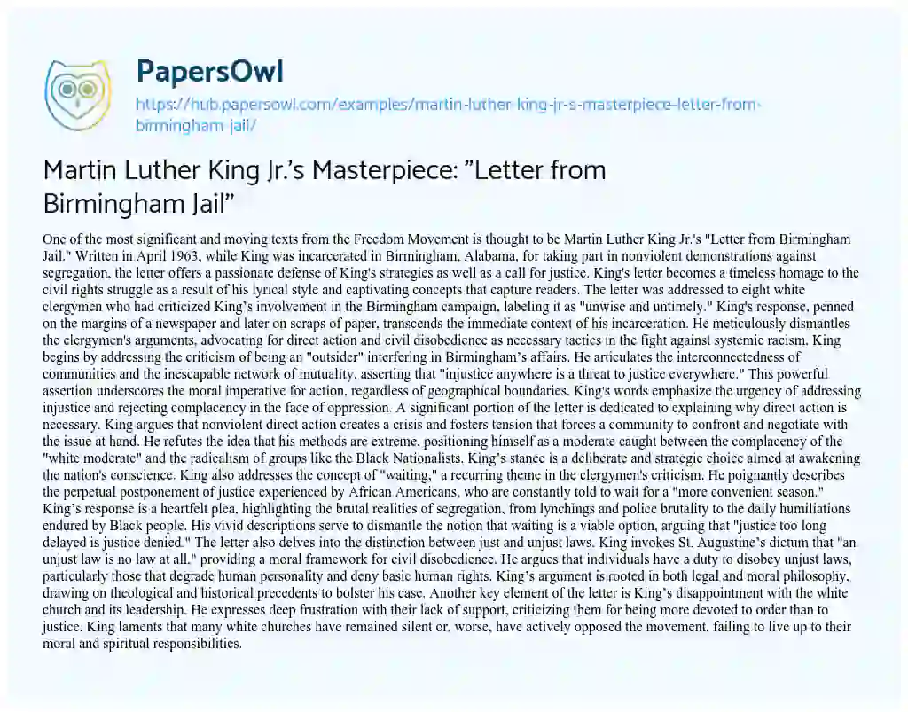 Essay on Martin Luther King Jr.’s Masterpiece: “Letter from Birmingham Jail”