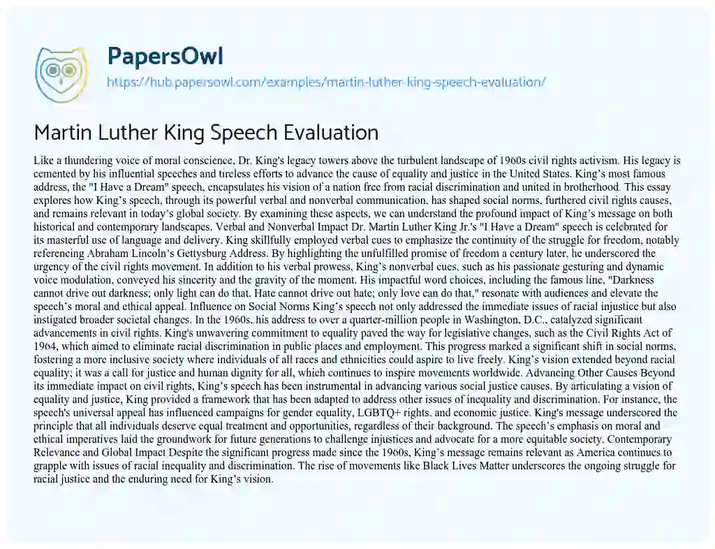 Essay on Martin Luther King Speech Evaluation