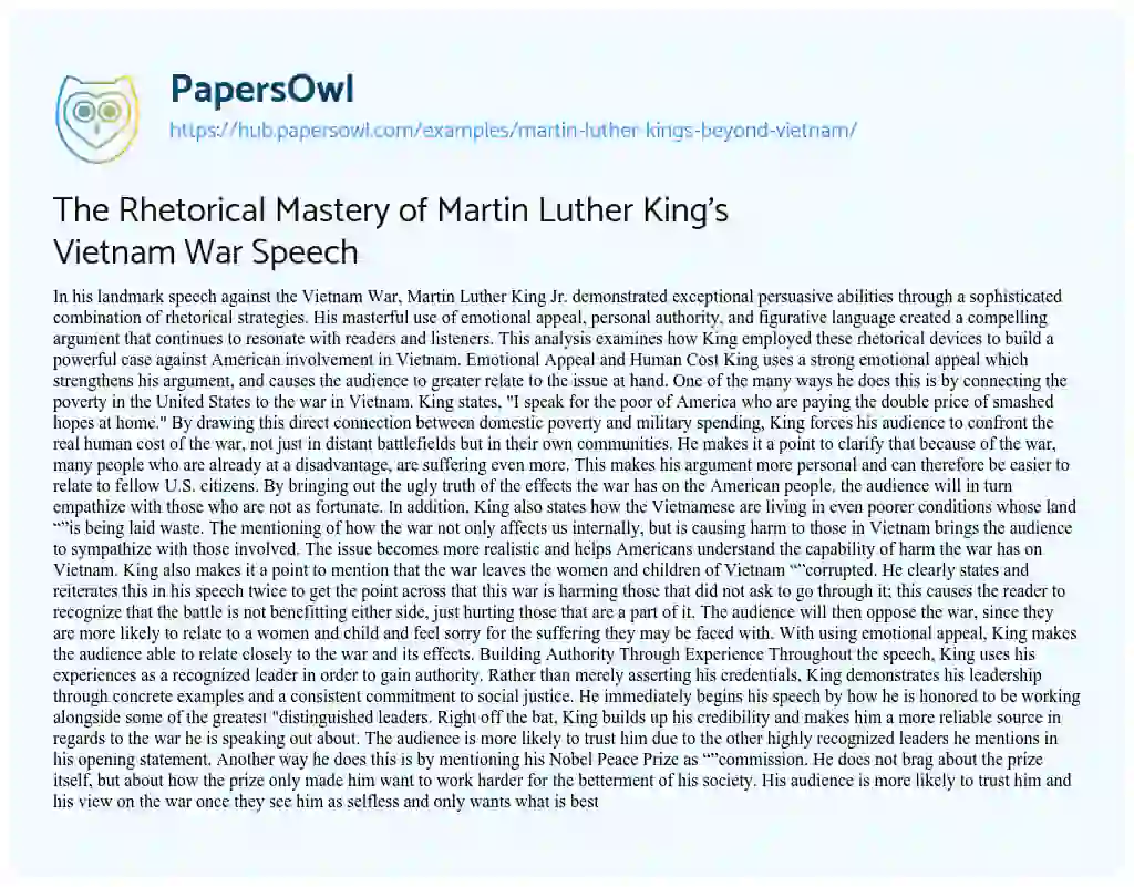 Essay on The Rhetorical Mastery of Martin Luther King’s Vietnam War Speech