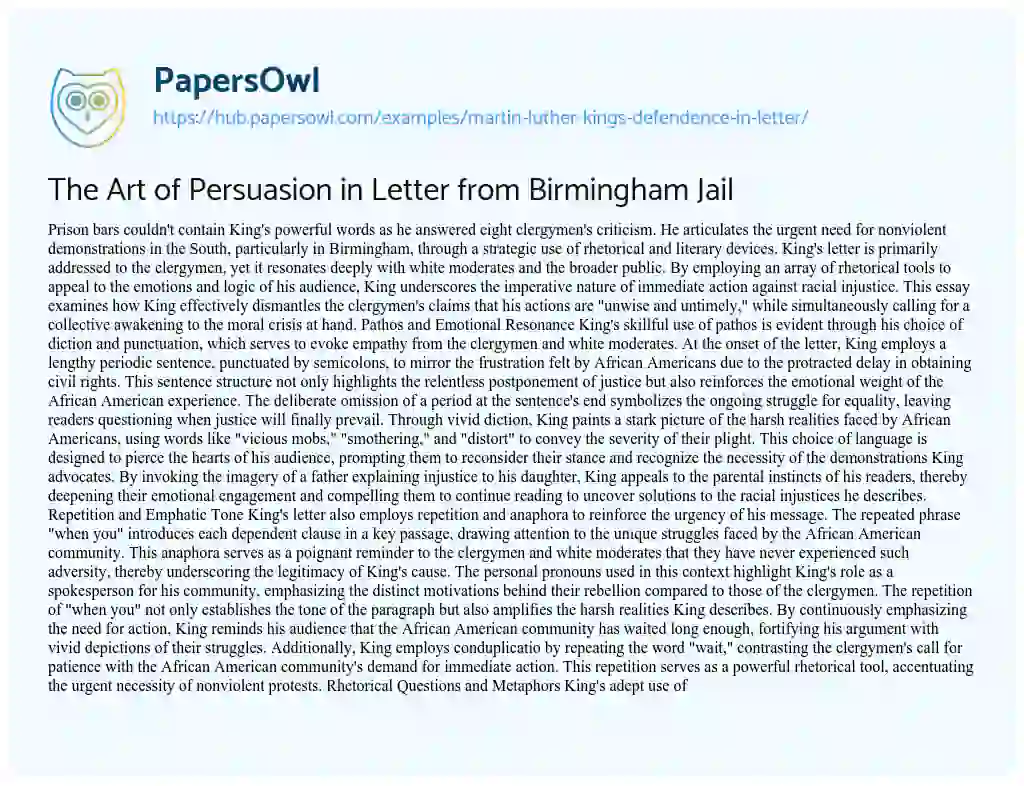 Essay on The Art of Persuasion in Letter from Birmingham Jail