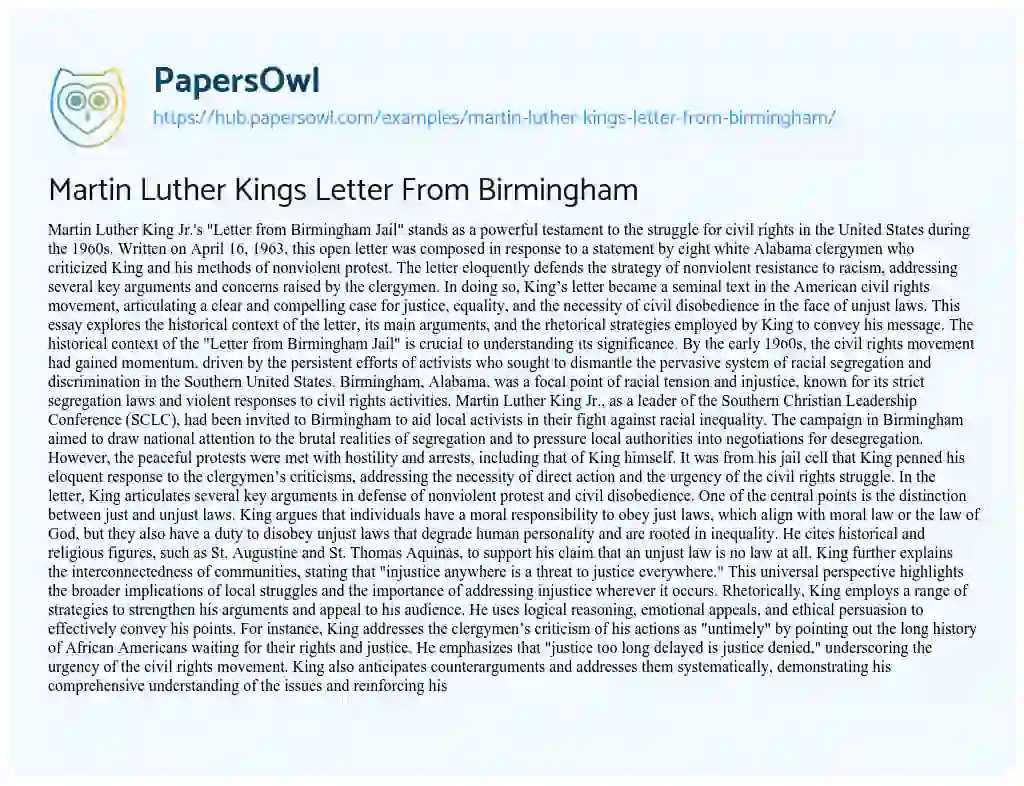 Essay on Martin Luther Kings Letter From Birmingham