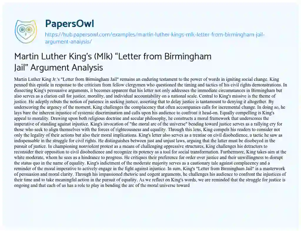 Essay on Martin Luther King’s (Mlk) “Letter from Birmingham Jail” Argument Analysis