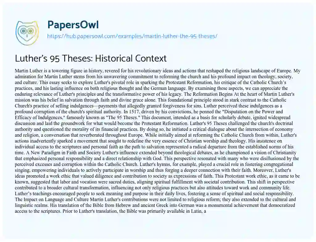 Essay on Luther’s 95 Theses: Historical Context